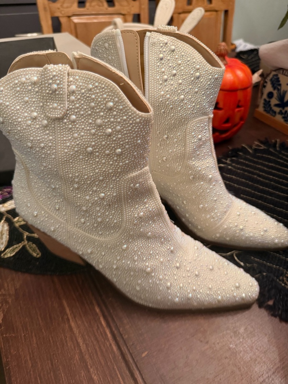 Betsey Johnson Ivory Pearl-Embellished Western Ankle Boots